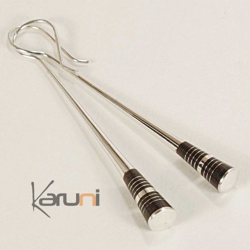 Bijoux Touareg Ethniques Boucles d'Oreilles en Argent et Ebne Massues 01 Lignes Ebne