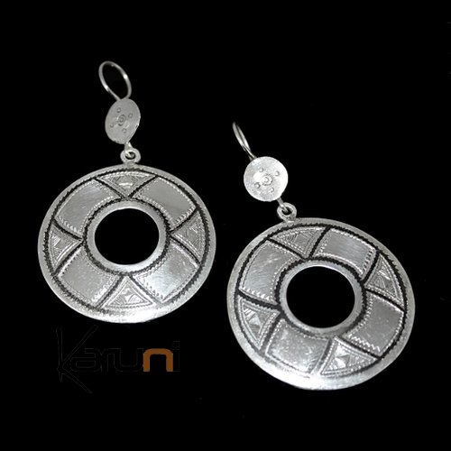 Bijoux Touareg Ethniques Boucles d'oreilles en Argent 23 Grands Ronds Grav Ebene