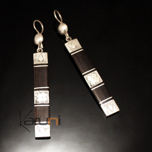 Boucles d'Oreilles en Argent et Ebène 30 long rectangle gravé trois bandes