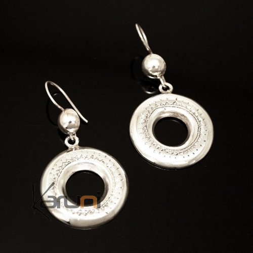 Bijoux Ethniques Touareg Boucles d'Oreilles en Argent Rondes Gravées Creuses 03