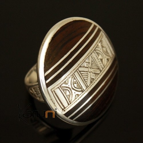 Bague en Argent 925 et ébène 040 Homme/Femme Grande Ronde Gravée Bande Horizontale