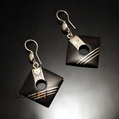 Bijoux Ethniques Touareg Boucles d'Oreilles en Argent et Ebne 51 Losange Lignes