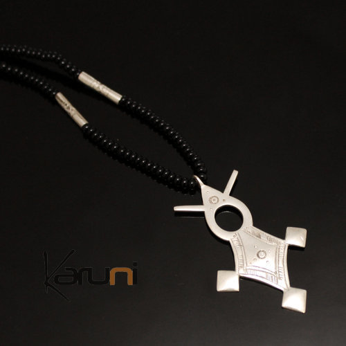 Collier en Argent Croix du Niger Perles d'Onyx Noir 02 Agadez