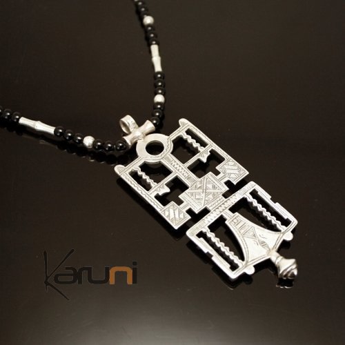 Bijoux Ethniques Touareg Collier en Argent Pendentif Cl de Voile 06 Perles Onyx