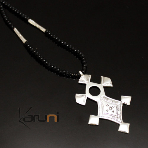 Collier en Argent Croix du Niger Perles d'Onyx Noir 03 Inabagret