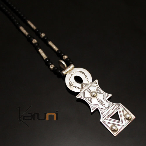 Bijoux Ethniques Touareg Collier en Argent Pendentif Cl de Voile 01 Perles Onyx