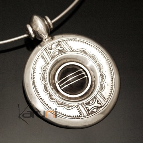 Collier Pendentif en Argent et Ebène 01 Rond Gravé