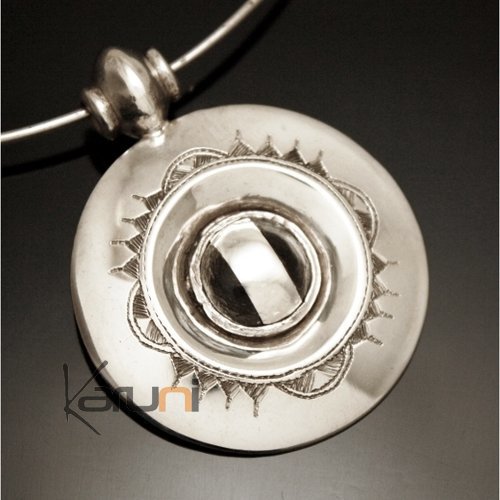 Collier Pendentif en Argent et Ebène 02 Rond Gravé