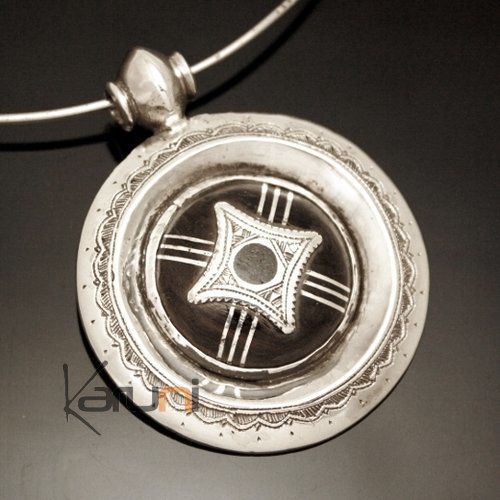 Collier Pendentif en Argent et Ebène 03 Rond Gravé