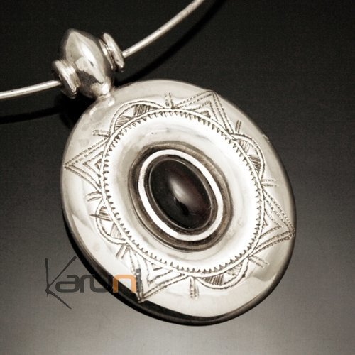 Bijoux Touareg Ethniques Africains Collier Pendentif en Argent et Ebne 05 Ovale Grav