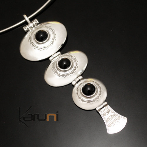 Collier Pendentif en Argent et Pierre Onyx Noir 10 Pendants Ovales