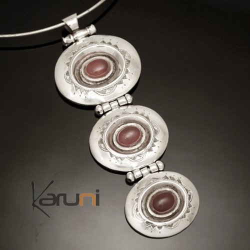 Bijoux Touareg Ethniques Africains Collier Pendentif en Argent et Pierre Agate Rouge 10 Trois Ovales