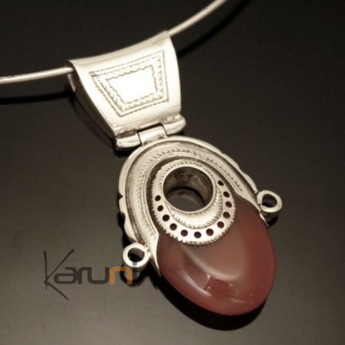 Collier Pendentif en Argent et Pierre Agate Rouge 05 Petite Tête de Déesse