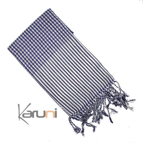 Krama Cheche Foulard Echarpe Coton Homme/Femme Cambodge Bassac Sarany Shop Petits Carreaux Bleu foncé/Blanc 160x55 cm