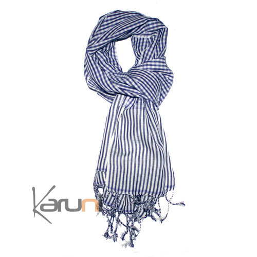 Krama Cheche Foulard Echarpe Coton Homme/Femme Cambodge Bassac Petits Carreaux Bleu foncé/Blanc 160x55 cm