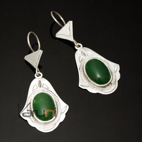 Bijoux Touareg Ethniques Artisanaux en Argent Boucles d'Oreilles Main de Fatma Khamsa Pierre Agate Verte 02